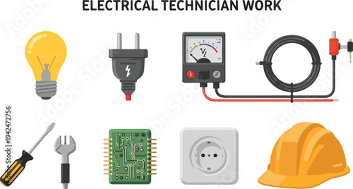 Electrical tools and components illustration a lightbulb plug multimeter cable screwdriver wrench circuit board outlet and helmet
