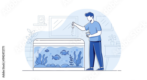 Man feeding fish in a modern aquarium at home
