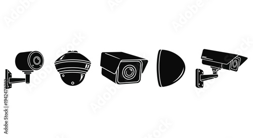 Collection of diverse vector security camera illustrations showcasing modern surveillance technology designs.
