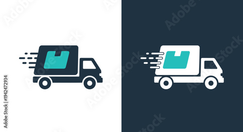 Vector graphic illustration of a fast delivery truck icon shown in contrasting color schemes