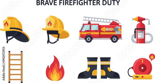 Firefighter equipment illustration Helmets truck extinguisher ladder boots flames fire alarm