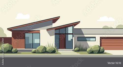 Mid-century modern house exterior with geometric design and landscaping