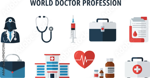 Flat graphic of medical icons A doctor stethoscope syringe bags document hospital heart medicine first aid