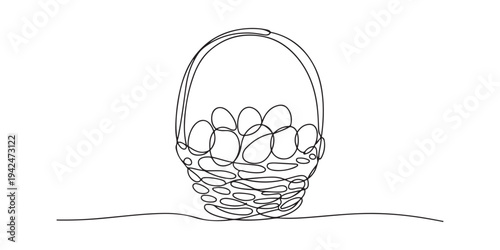 Minimalist one line drawing of a basket full of Easter eggs on a white background. Perfect for Easter themed graphics, cards, and social media posts. Continuous One Line Drawing of an Easter Basket.