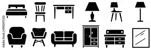 Minimalist Black and White Furniture Including Bed, Chair, Desk, Lamp, Sofa, Wardrobe, and Drawer