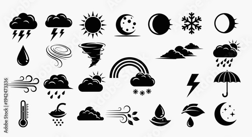 Minimalist black weather forecast icons set for design