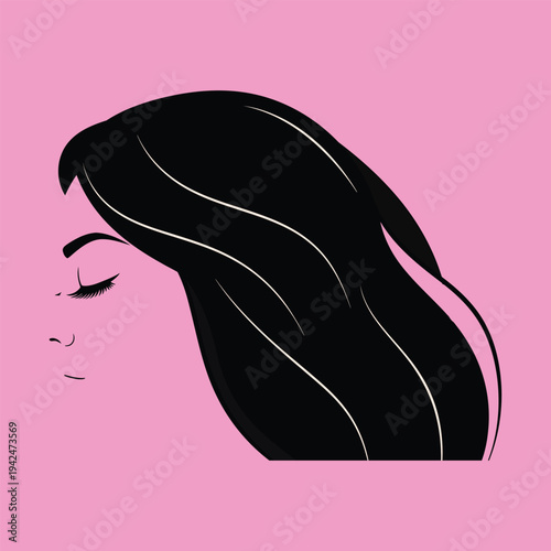 Minimalist side view of woman's face with long black hair obscuring features, eyes closed on pink background