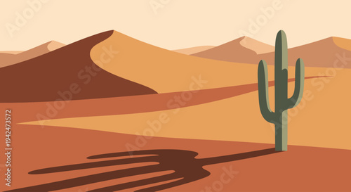 Minimalist desert landscape with single cactus and sand dunes