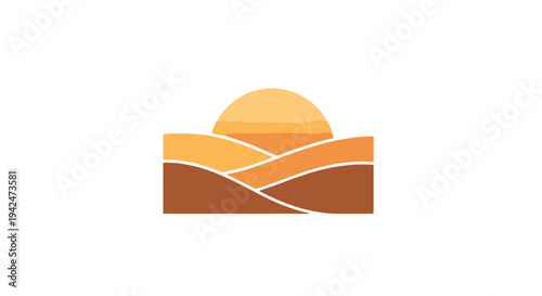 Minimalist desert landscape with sun setting over rolling dunes