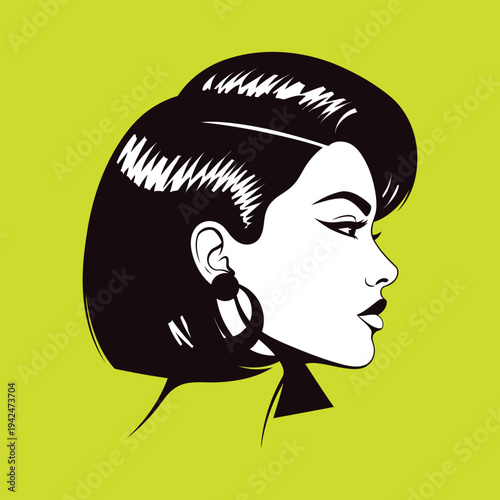 Retro pin-up woman's face in profile with short black hair and large hoop earring, vintage pop art illustration