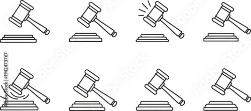 Set of minimalist judges gavel icons featuring various states of striking ideal for legal auction and justice-related web and app design