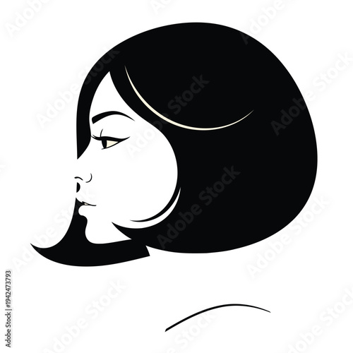 Stylized black and white profile of woman's face with short bob haircut and makeup.