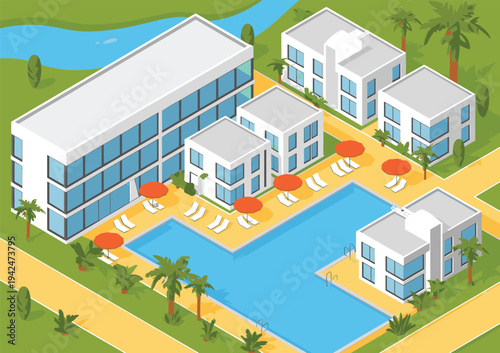 Aerial view of modern white buildings with blue windows around a swimming pool and lounge area with orange umbrellas