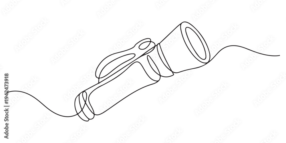 Obraz premium Continuous one line drawing of a flashlight.one line vector illustration with white background. continuous line flashlight.one line drawing of lighting tool. single line flashlight emergency light.