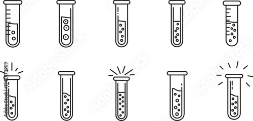 Set of flat line vector test tube icons illustrating chemical experiments and reactions suitable for science medical and laboratory-related UIUX design