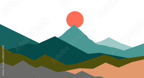 Minimalist layered mountain landscape with sunrise or sunset