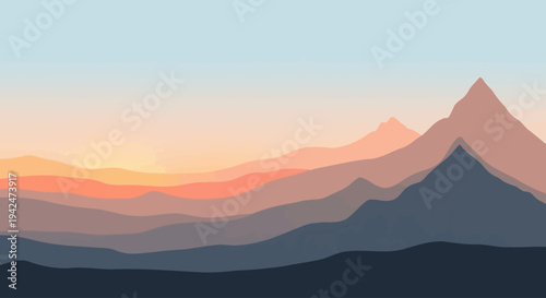 Minimalist layered mountain landscape at sunrise or sunset
