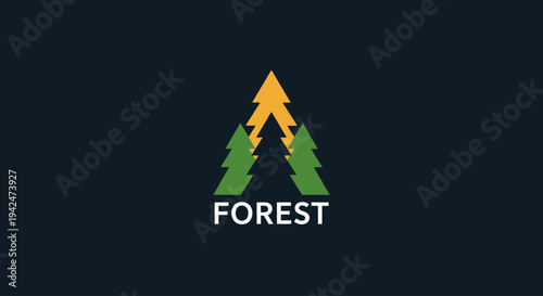 Minimalist letter A logo with stylized green and orange forest trees