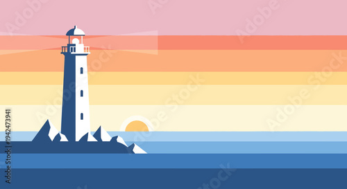 Minimalist lighthouse on rocks at ocean sunset