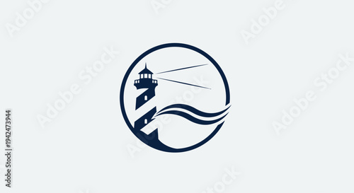 Minimalist lighthouse icon with ocean waves and light