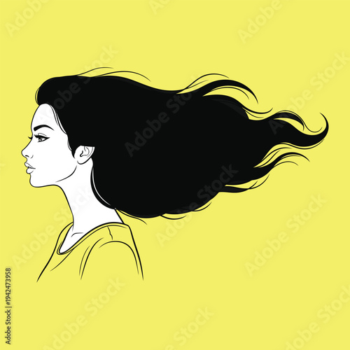 Woman's face in profile with very long flowing black hair, dynamic and free-spirited illustration on yellow background