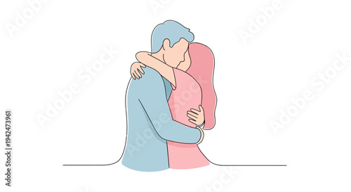 Minimalist line art illustration of a loving couple embracing
