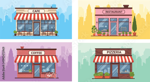 Four colorful storefronts of a cafe, restaurant, coffee shop, and pizzeria with city skyline backgrounds