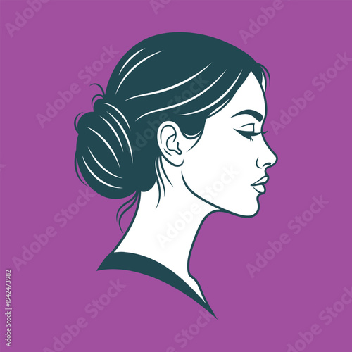 Elegant woman's face in profile with hair in a neat bun, classic beauty illustration on purple background