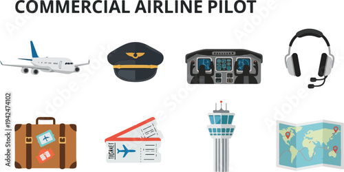 Graphic of airline pilot icons Depicts plane hat cockpit headset luggage tickets tower and map