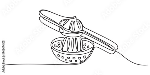 Continuous one line drawing of a manual citrus squeezer, symbolizing freshness and manual effort, line art style vector illustration.