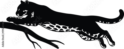 Silhouette leopard jumping on tree branch vector design