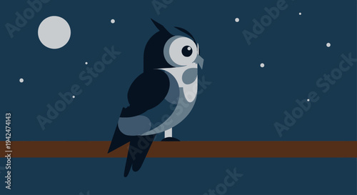 Minimalist owl on branch with moon and stars at night