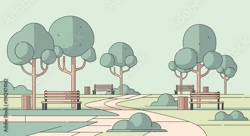 Minimalist park scene with trees, benches, and walking path