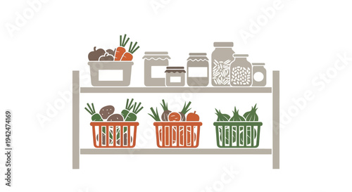 Minimalist pantry shelf with fresh vegetables and preserved jars