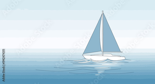 Minimalist sailboat illustration floating on tranquil blue ocean