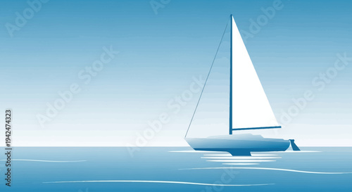 Minimalist sailboat cruising calmly on blue ocean water
