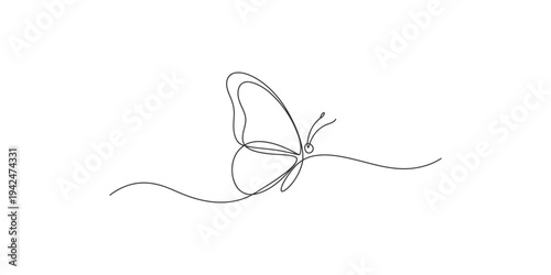 Minimalist line art drawing of a butterfly in flight with outstretched wings