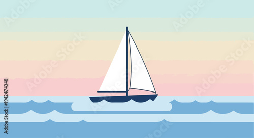 Minimalist sailboat on calm sea with pastel striped sky