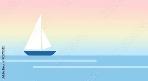 Minimalist sailboat on calm sea under serene pastel sky