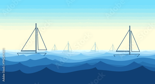 Minimalist sailboats on ocean waves under clear blue sky