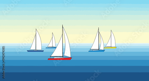 Minimalist sailboats sailing on blue water under a clear sky