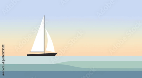 Minimalist sailboat on calm water at sunrise or sunset