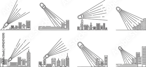 Minimalist line art spotlights illuminating various city skylines a vector illustration set for urban security event promotion or attention-grabbing designs