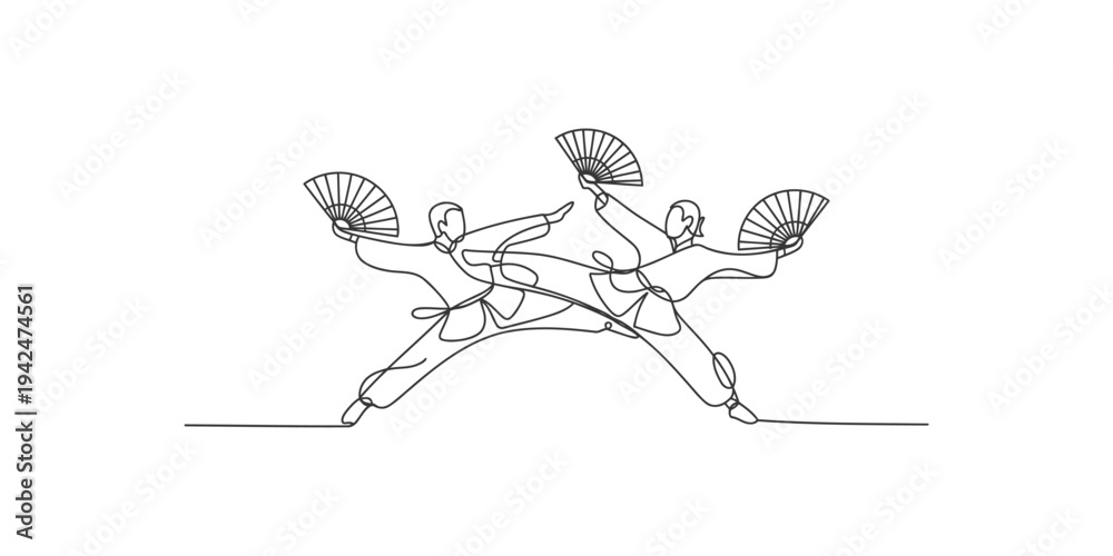 Obraz premium Continuous line drawing of three dancers with fans in a dynamic pose