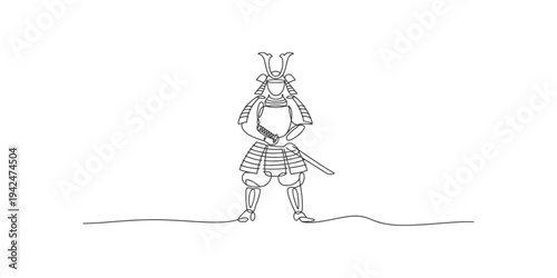 A samurai warrior in traditional armor with sword standing on a plain background