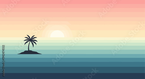 Minimalist tropical island sunset with palm tree silhouette