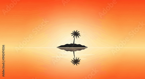Minimalist tropical island with palm tree silhouette at sunset
