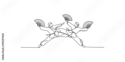 Continuous line drawing of three dancers with fans in a dynamic pose