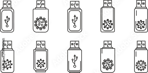 Collection of minimalist line art USB flash drive icons some showing a virus symbol for concepts of data security and digital infection