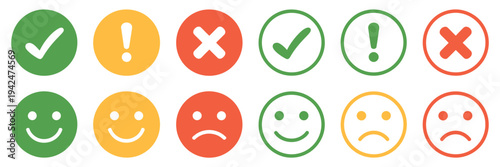 Round Icon Set Featuring Green Yellow Red Check Marks Cross Marks Alerts Emoticons Feedback Buttons Flat Emoji Vector Illustration